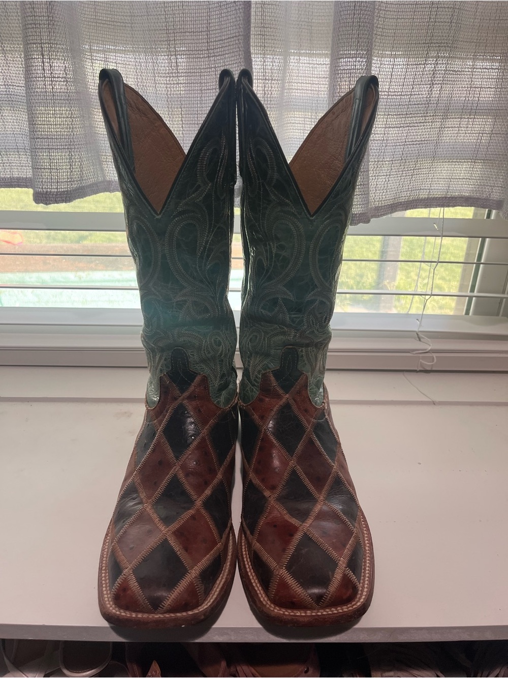 Men's Two-Tone Leather Western Boots - Brown & Green